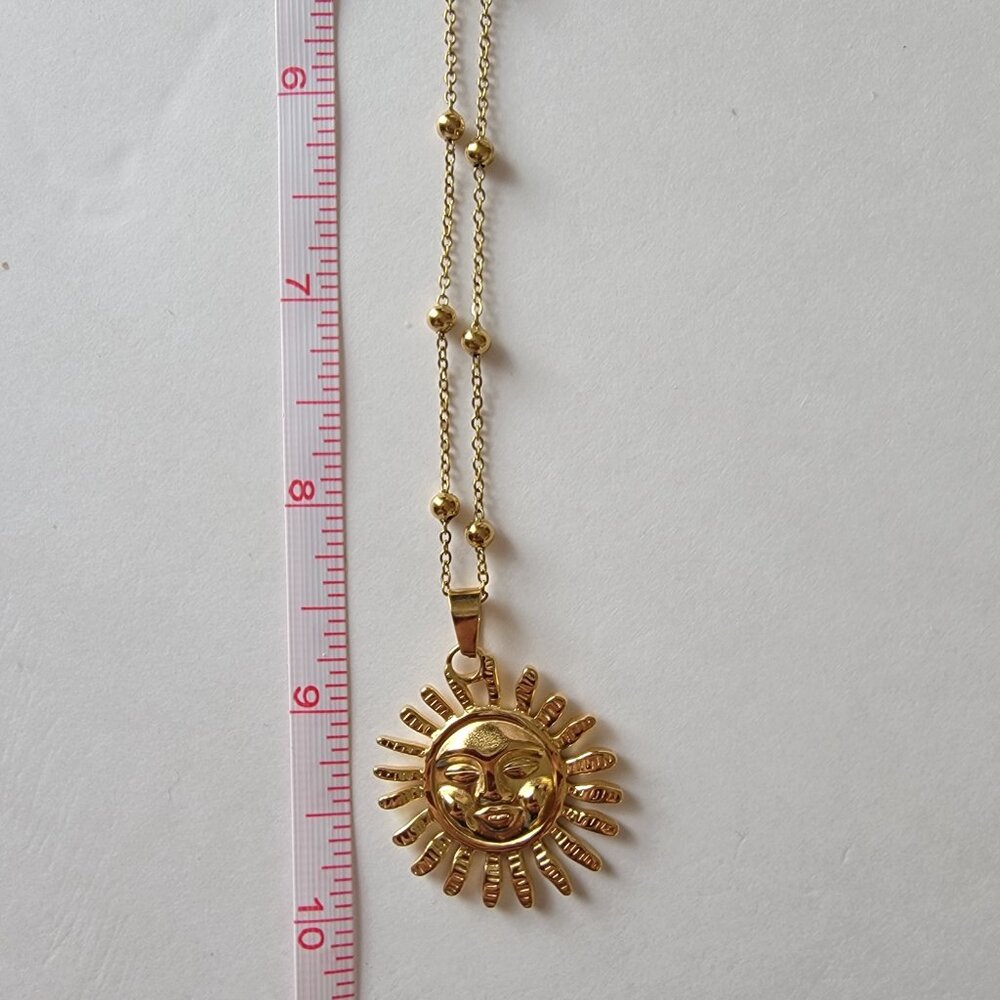 Sun Face Pendant Necklace Beaded Chain Stainless Steel 20 Inch 2 Inch Adj NEW - Picture 8 of 12